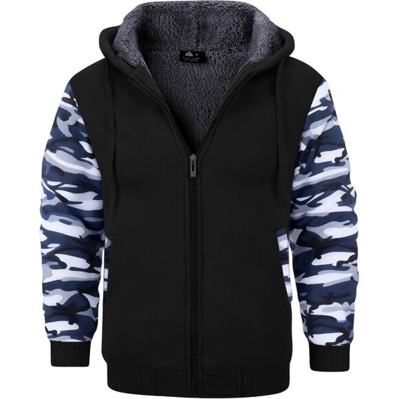 Men’s Black Camouflage Fleece-lined Zip Up Thick Hooded Winter Warm Sweatshirt